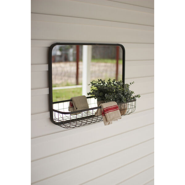 Rectangular Mirror with Rubbed Brass Wire Basket Shelf, image 1