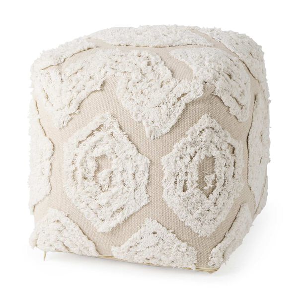 Ekanta Cream and Beige Patterned Cotton Pouf, image 1
