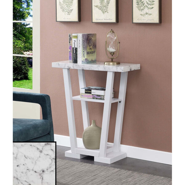 Newport Faux White Marble and White V-Shaped Console Table, image 2
