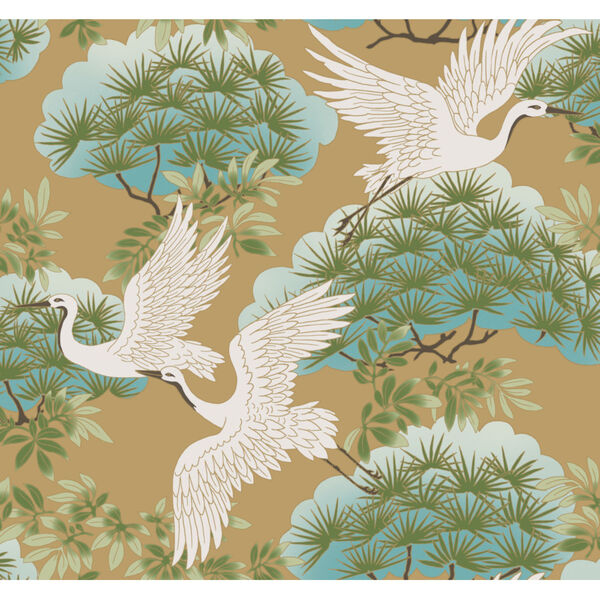 Ronald Redding Tea Garden Gold and Green Sprig and Heron Wallpaper, image 2