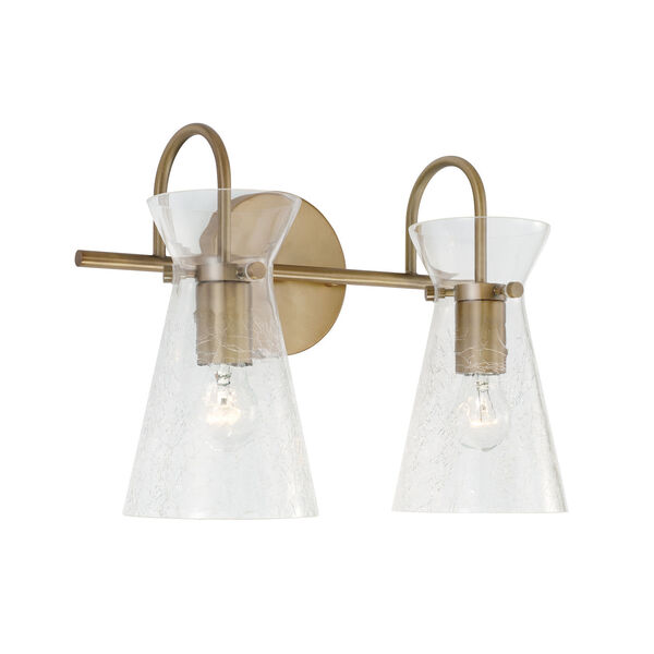 Mila Aged Brass Two-Light Vanity with Clear Half-Crackle Glass, image 1