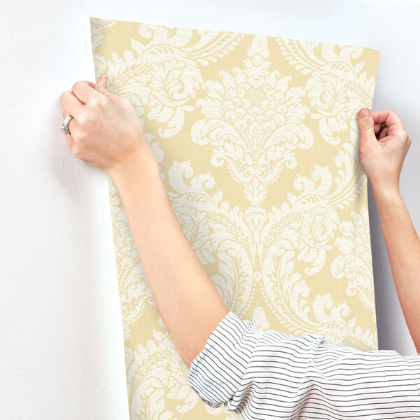 Grandmillennial Yellow Tapestry Damask Pre Pasted Wallpaper - SAMPLE SWATCH ONLY, image 3
