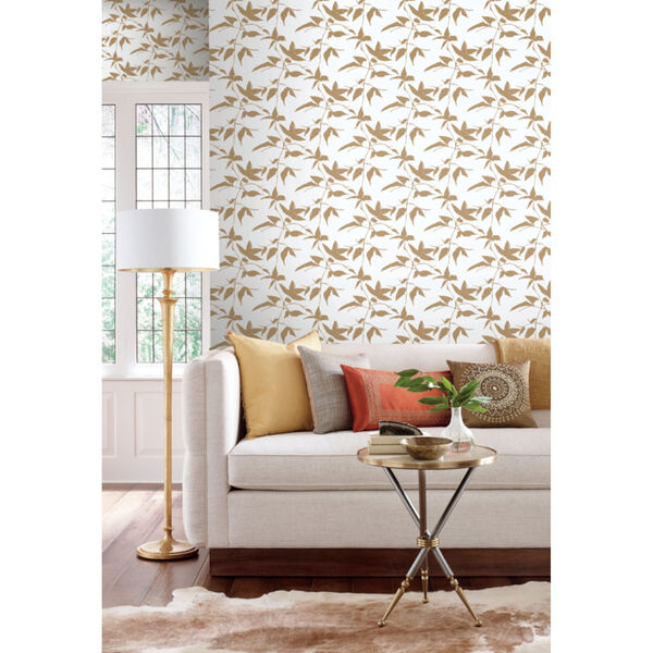 Ronald Redding Tea Garden Gold and White Persimmon Leaf Wallpaper, image 5