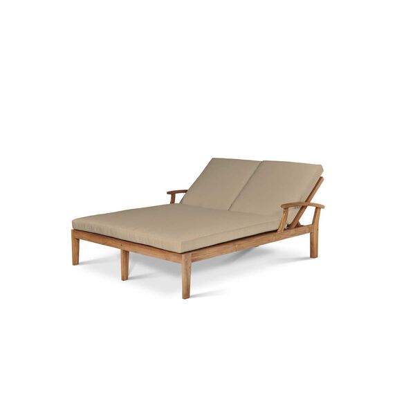 Delano Natural Teak Outdoor Double Reclining Sunlounger with Sunbrella Fawn Cushion, image 1