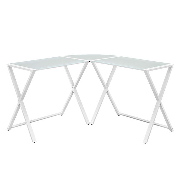 X-frame Glass and Metal L-Shaped Computer Desk - White, image 2