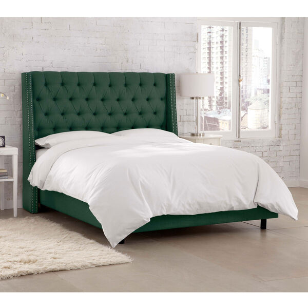Twin Linen Conifer Green 47-Inch Nail Button Tufted Wingback Bed, image 3