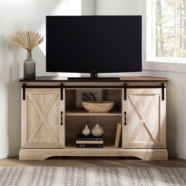 Traditional Brown and White Oak Sliding Barn Door Corner TV Stand, image 5
