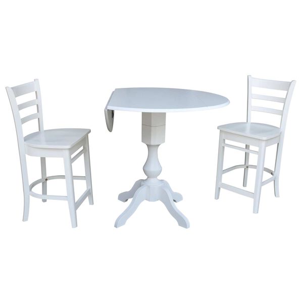 White 36-Inch High Round Pedestal Counter Height Drop Leaf Table with Stools, 3-Piece, image 1