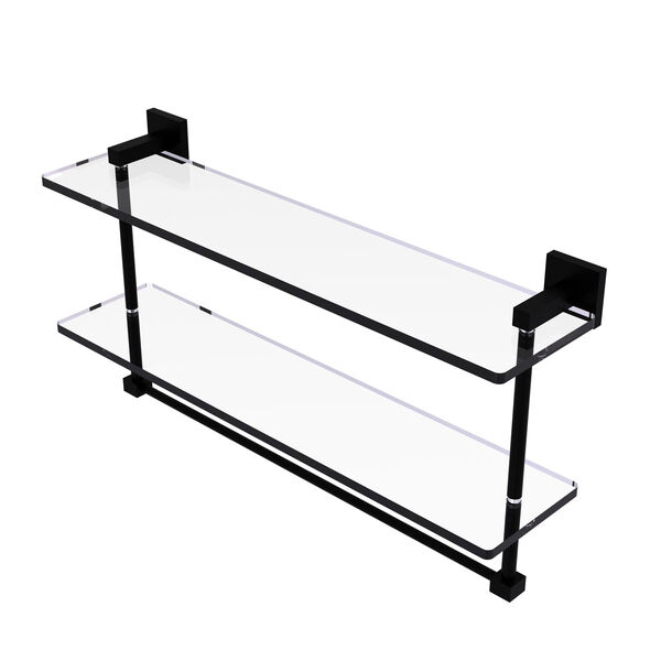 Montero Matte Black 22-Inch Two Tiered Glass Shelf with Integrated Towel Bar, image 1
