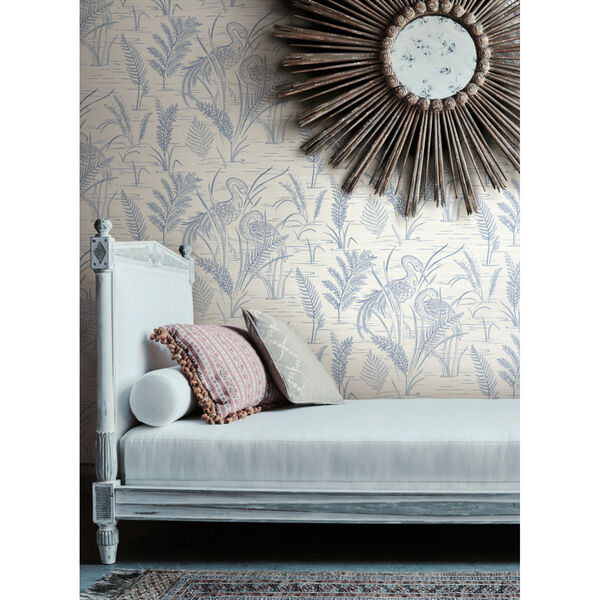 Grandmillennial Blue Fernwater Cranes Pre Pasted Wallpaper, image 6