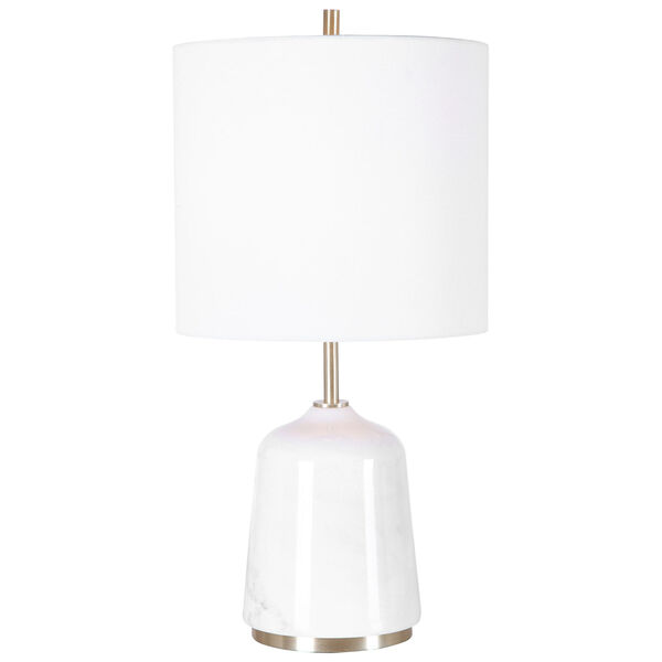 Eloise Gray and Brushed Light Brass One-Light Table Lamp with Round Hardback Shade and Linning Background, image 7