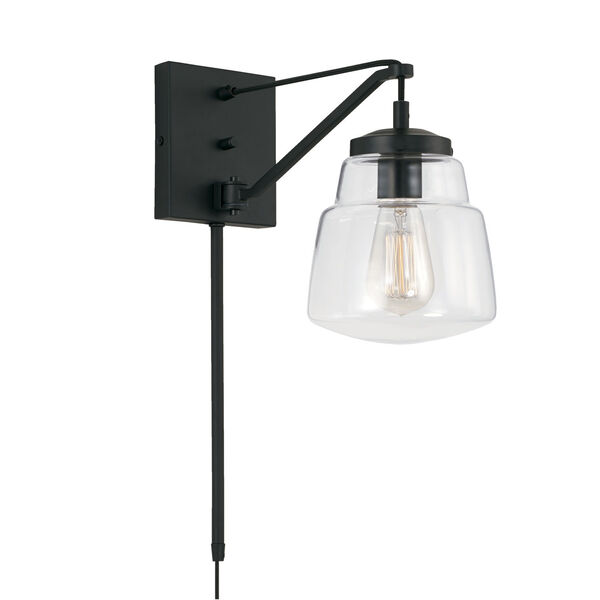 Dillon Matte Black One-Light Dimmable Plug-In Wall Sconce with Clear Glass, image 1