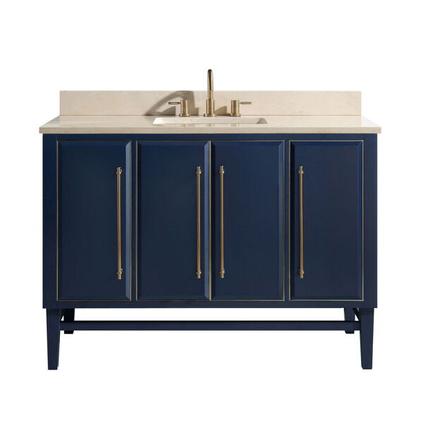 Navy Blue 49-Inch Bath vanity Set with Gold Trim and Crema Marfil Marble Top, image 1