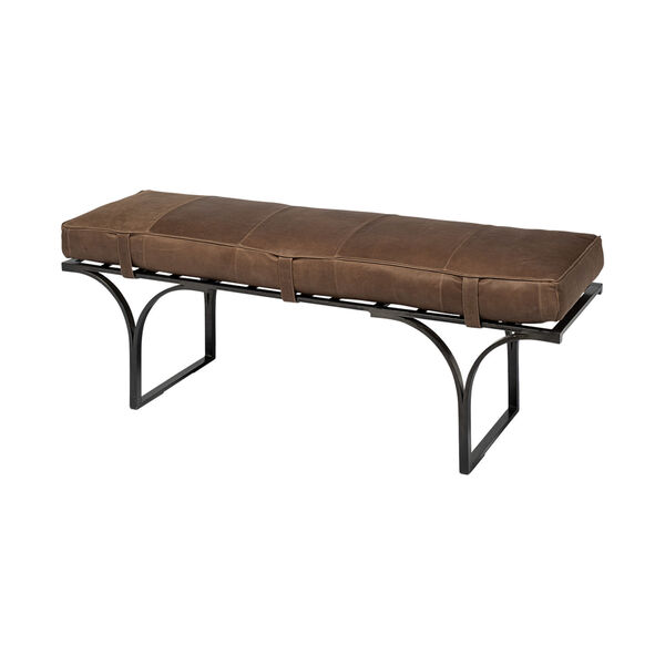 Jessie Antique Brown and Brass Bench with Genuine Leather Seat, image 1