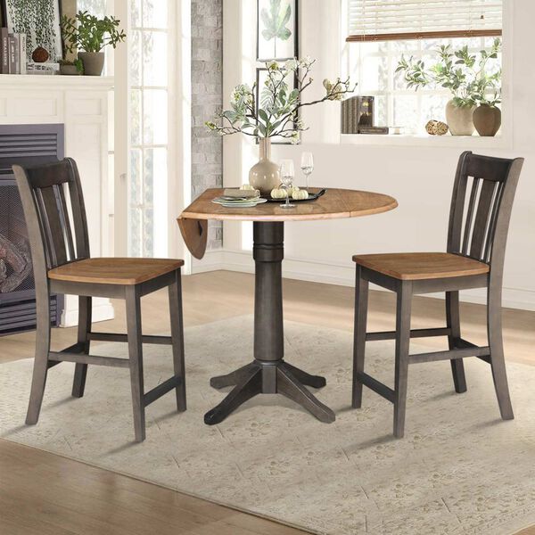 Hickory Washed Coal Round Dual Drop Leaf Counter Height Dining Table with Two Splatback Stools, image 5