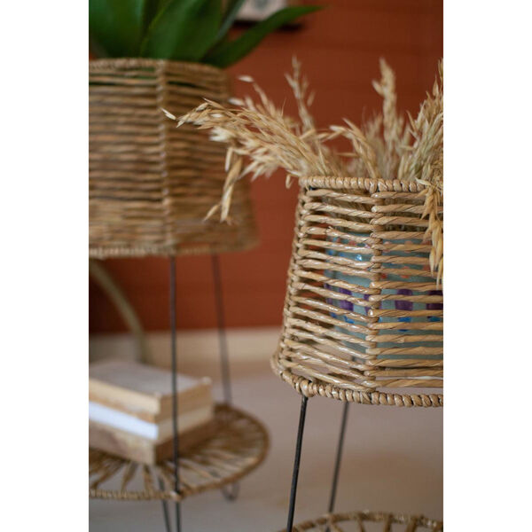 Rattan Wood Seagrass Iron Planters, Set of Two, image 2