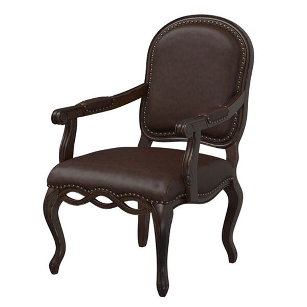 Brown Bonded Leather Chair with Elegant Detailed Carvings with Nail Head Trim, image 1