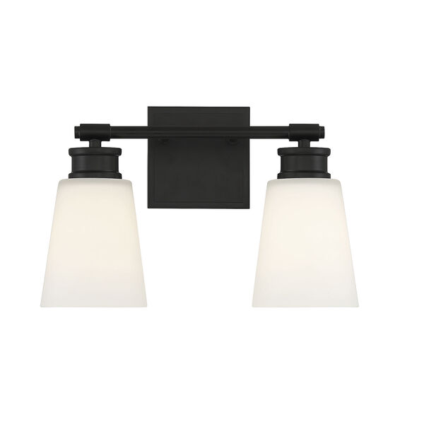 Lowry Matte Black 14-Inch Two-light Bath Vanity with Milk Glass Shade, image 1