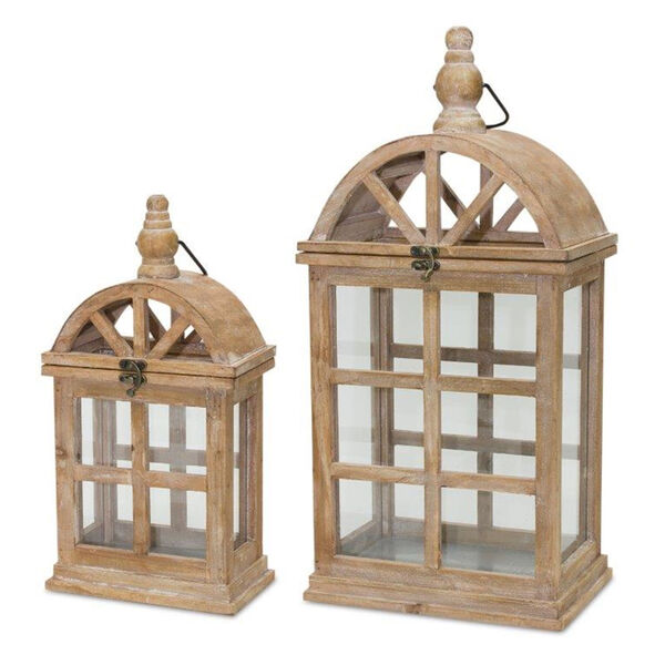 Brown 22-Inch Wood Glass Lantern , Set of Two, image 1