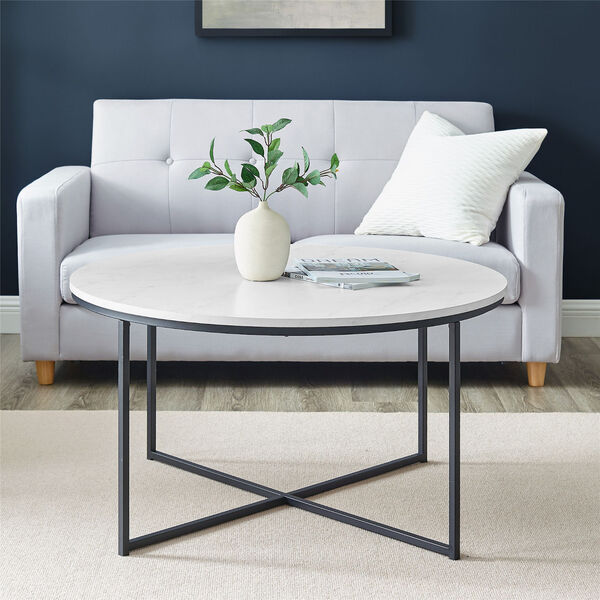 Alissa Faux White Marble and Black Coffee Table with X-Base, image 4