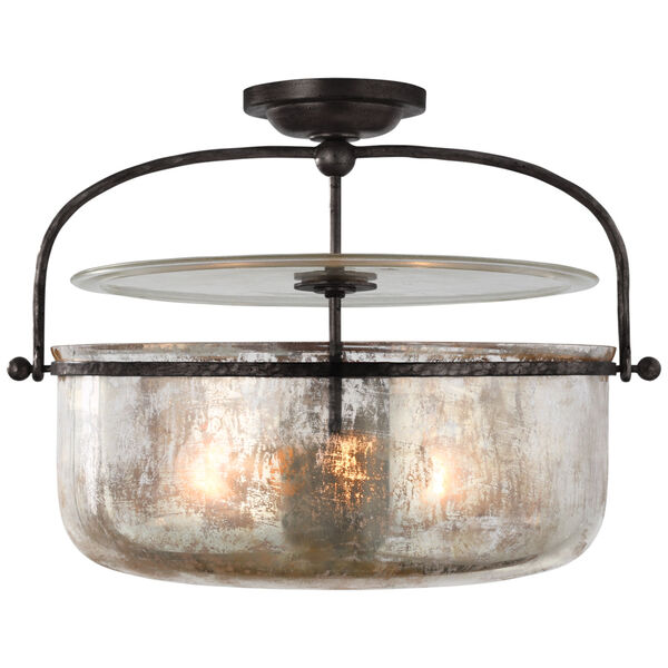 Lorford Medium Semi-Flush Lantern in Aged Iron with Mercury Glass by Chapman and Myers, image 1
