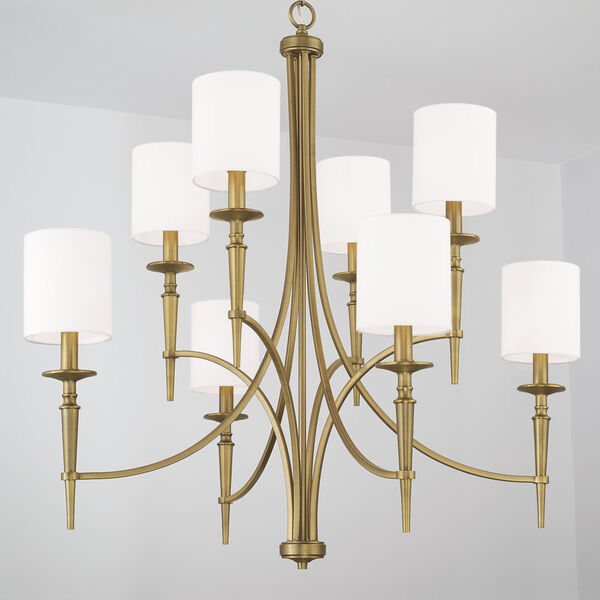 Abbie Aged Brass Eight-Light Chandelier with White Fabric Stay Straight Shades, image 4