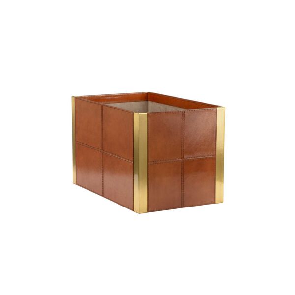 Cognac and Polished Brass Leather Bin, image 1