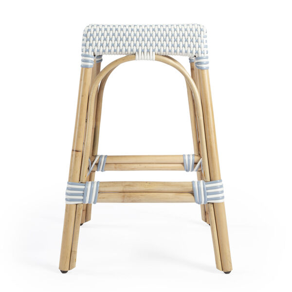 Robias White and Sky Blue Dot on Natural Rattan Counter Stool, image 4