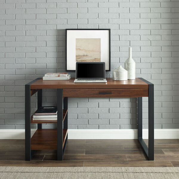 Dark Walnut and Black Computer Desk with Two Shelves, image 1