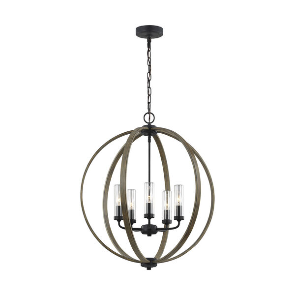Allier Weathered Oak Wood  and  Antique Forged Iron Five-Light Chandelier, image 2