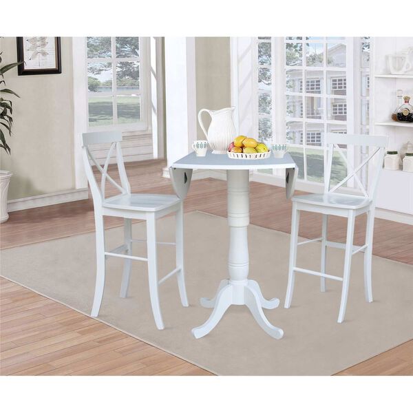 White Round Pedestal Bar Height Drop Leaf Table with Stools, 3-Piece, image 4