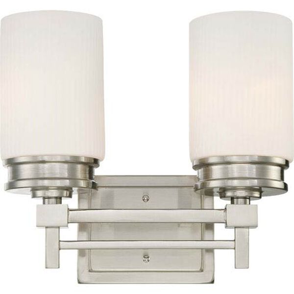 Wright Brushed Nickel Two-Light Vanity Fixture w/Satin White Glass, image 1