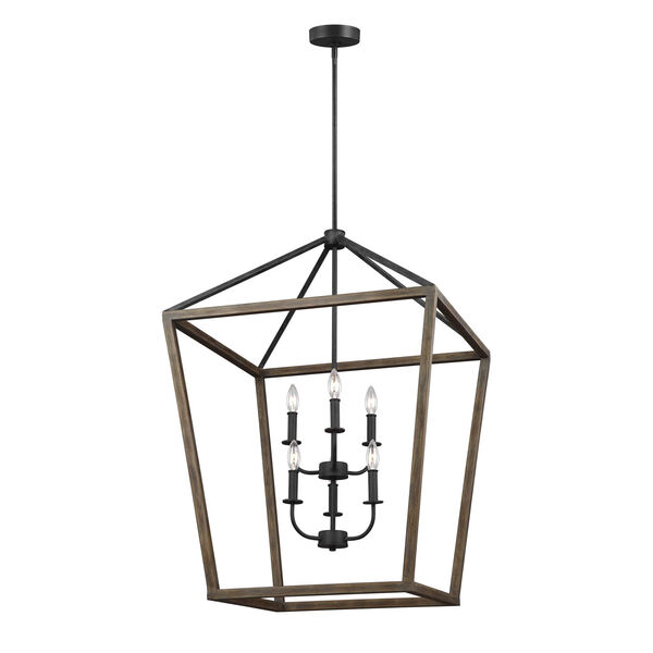 Gannet Weathered Oak Wood and Antique Forged Iron 26-Inch Six-Light Pendant, image 1