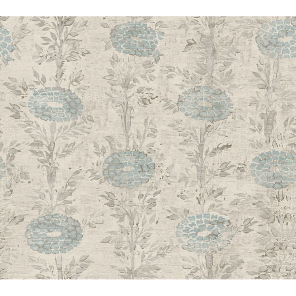 Ronald Redding Tea Garden Blue and White French Marigold Wallpaper, image 2