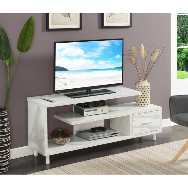 Seal II White Faux Marble One-Drawer 60 Inch TV Stand with Shelves, image 2