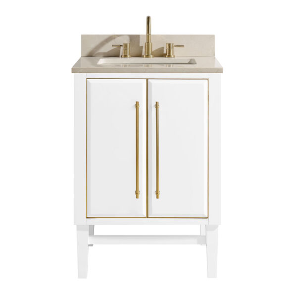 White 25-Inch Bath vanity Set with Gold Trim and Crema Marfil Marble Top, image 1