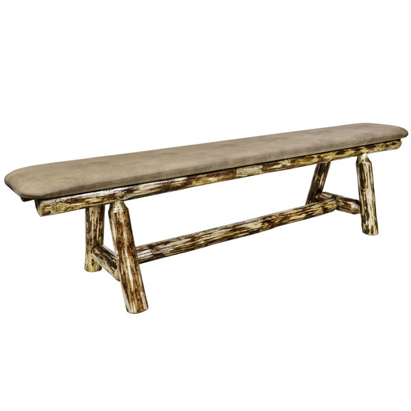 Glacier Country Stain and Lacquer 6 Foot Plank Style Bench with Buckskin Upholstery, image 1