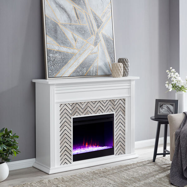 Hebbington White and gray Tiled Marble Electric Fireplace, image 4