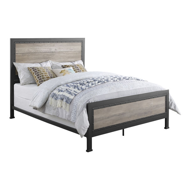 Queen Size Industrial Wood and Metal Bed - Grey Wash, image 2