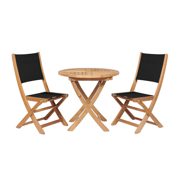 Stella Black Teak Outdoor Round Folding Table and Chair Bistro Set, 3-Piece, image 1