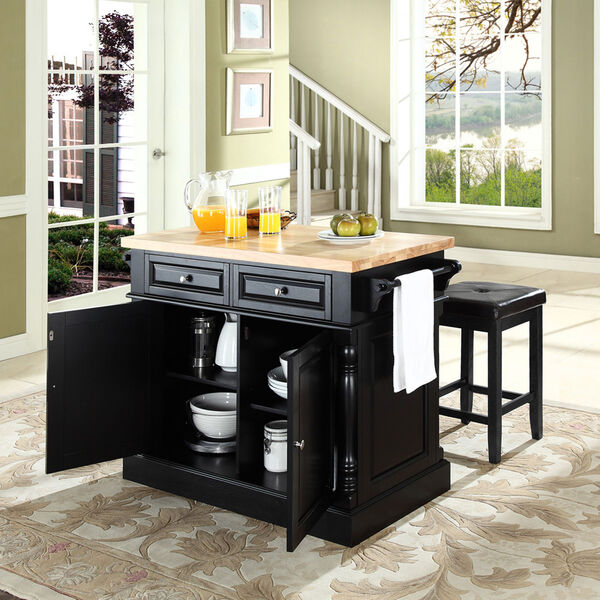 Butcher Block Top Kitchen Island in Black Finish with 24-Inch Black Upholstered Square Seat Stools, image 3