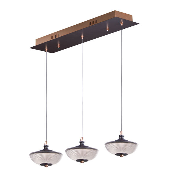 Bella Bronze and Gold Three-Light LED Linear Mini Pendant With Prismatic Clear Glass, image 1