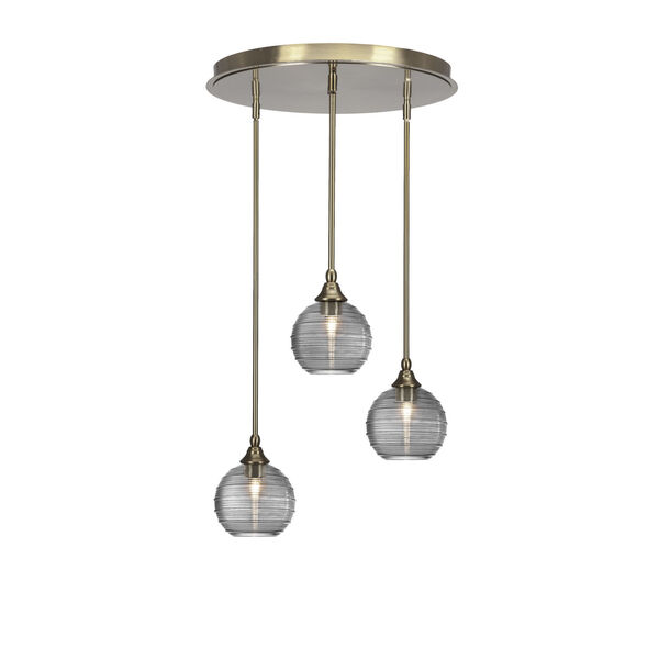 Empire New Age Brass Three-Light Cluster Pendalier with 10-Inch Smoke Ribbed Glass, image 1