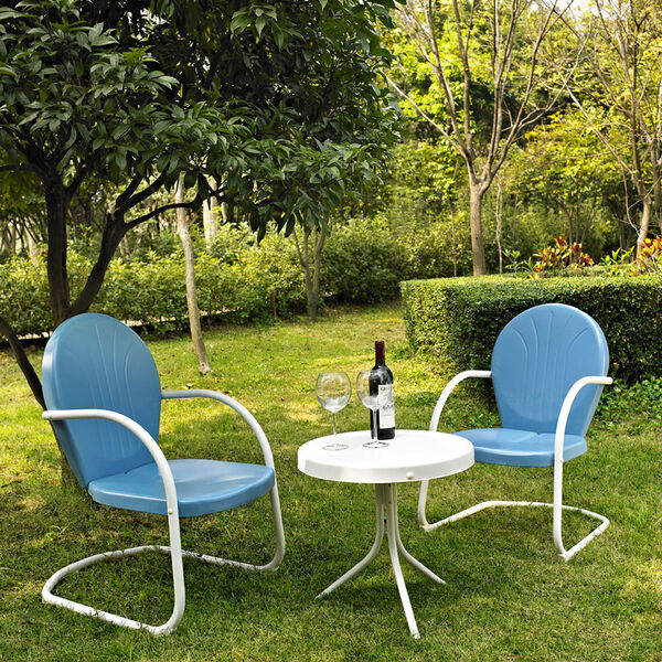 Griffith Three Piece Metal Outdoor Conversation Seating Set: Two Chairs in Sky Blue Finish with Side Table in White Finish, image 1