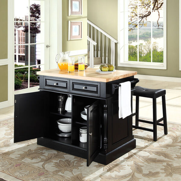 Butcher Block Top Kitchen Island in Black Finish with 24-Inch Black Upholstered Saddle Stools, image 3