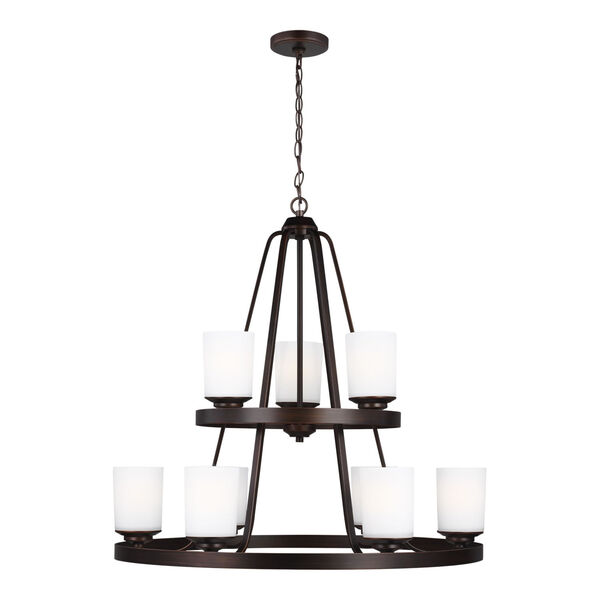 Kemal Bronze Nine-Light Chandelier with Etched White Inside Shade, image 1