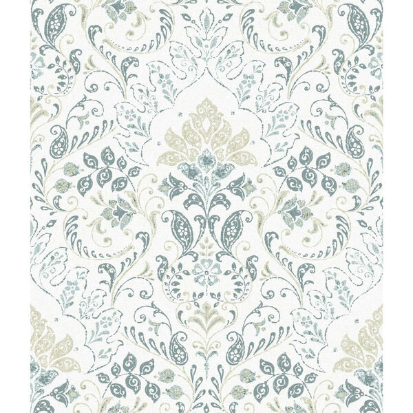 Persian Damask White Blue Peel and Stick Wallpaper - SAMPLE SWATCH ONLY, image 2