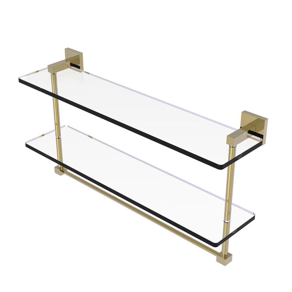 Montero Unlacquered Brass 22-Inch Two Tiered Glass Shelf with Integrated Towel Bar, image 1