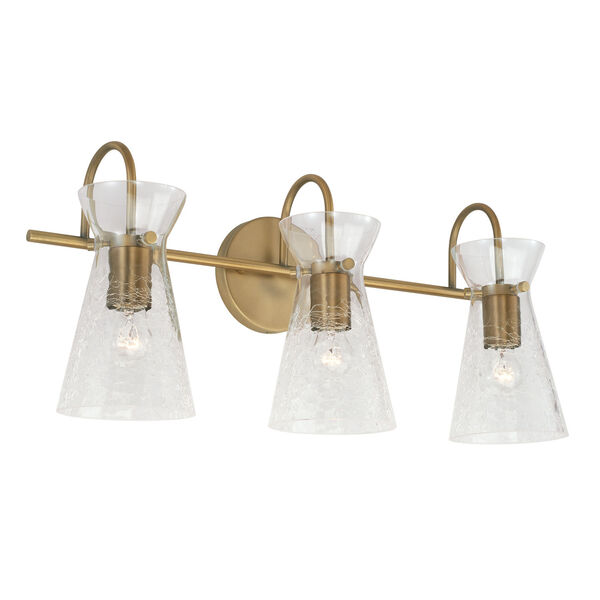 Mila Aged Brass Three-Light Bath Vanity with Clear Half-Crackle Tapered Glass Shades, image 1
