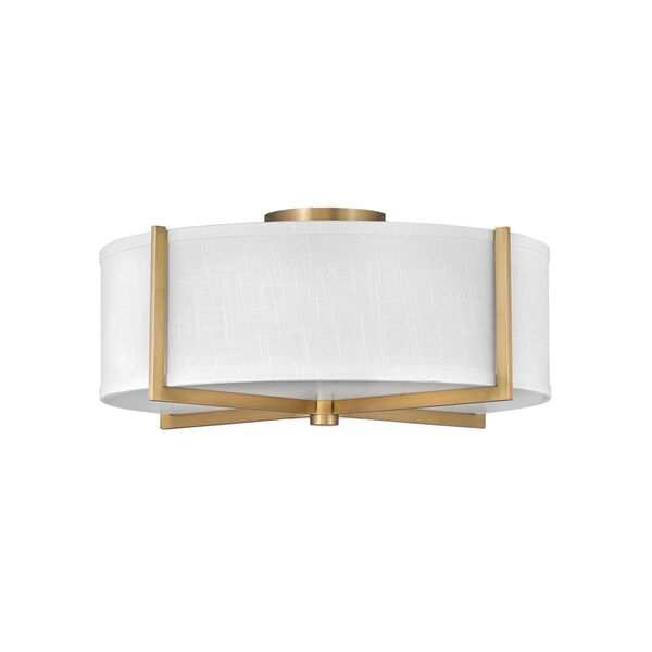 Axis Heritage Brass Three-Light LED Semi-Flush Mount with Off White Linen Shade, image 1